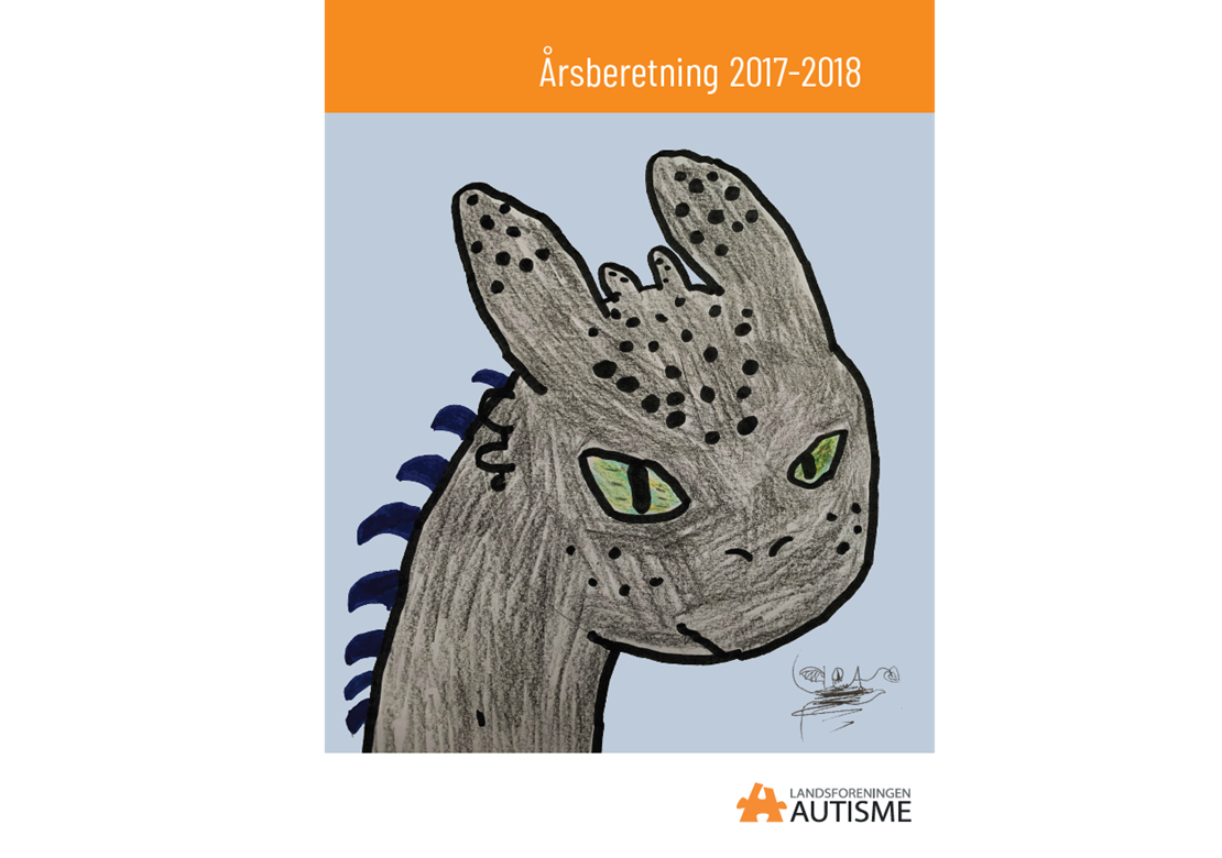 Forsiden af årsberetningen fra 2018 udgivet af Autismeforeningen. Tegnet dyr på lyseblå baggrund