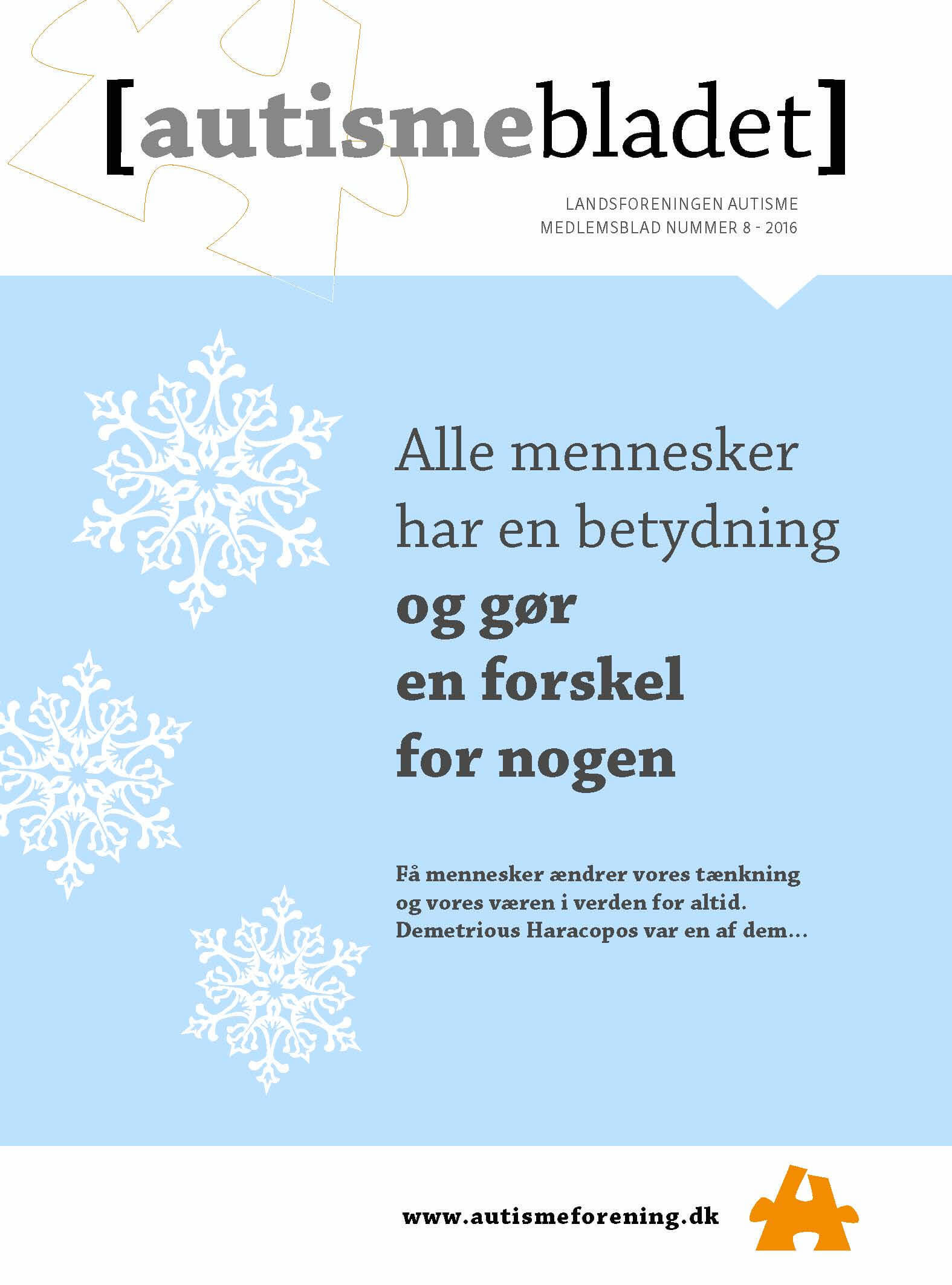 Forside af Autismebladet 2016, nr. 8, tema: Alle mennesker har en betydning