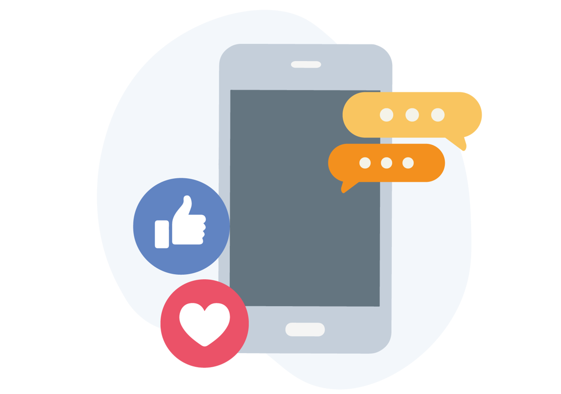 En smartphone et like, et hjerte og orange kommentarer