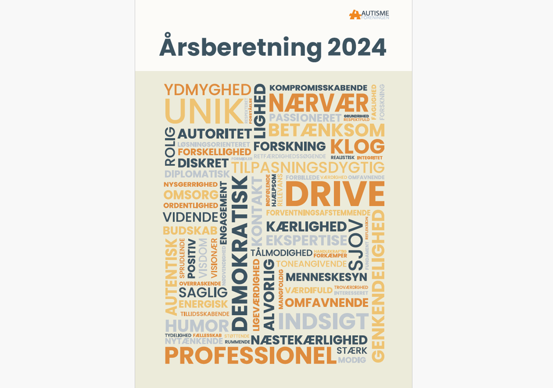 Forsiden af årsberetningen fra 2024 udgivet af Autismeforeningen. Adskillige ord sat sammen til collage. Ord som klog, ydmyg, nærvær etc