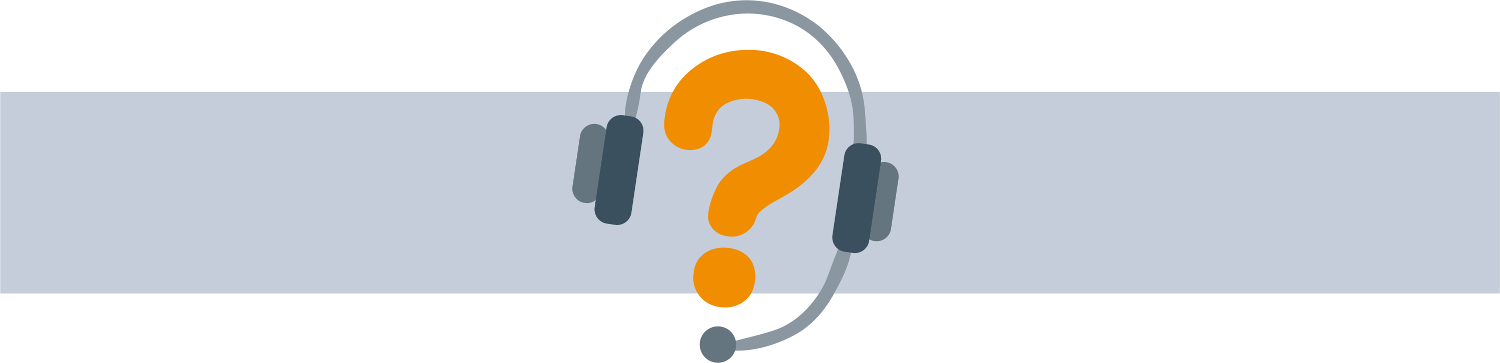 Et orange spørgsmålstegn med headset omkring sig, som hvis spørgsmålstegnet havde headsette på. En tyk gråblå vandret stribe i baggrunden