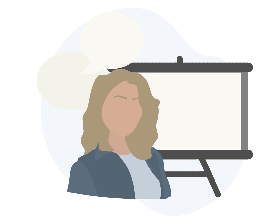 Person foran præsentation med talebobler