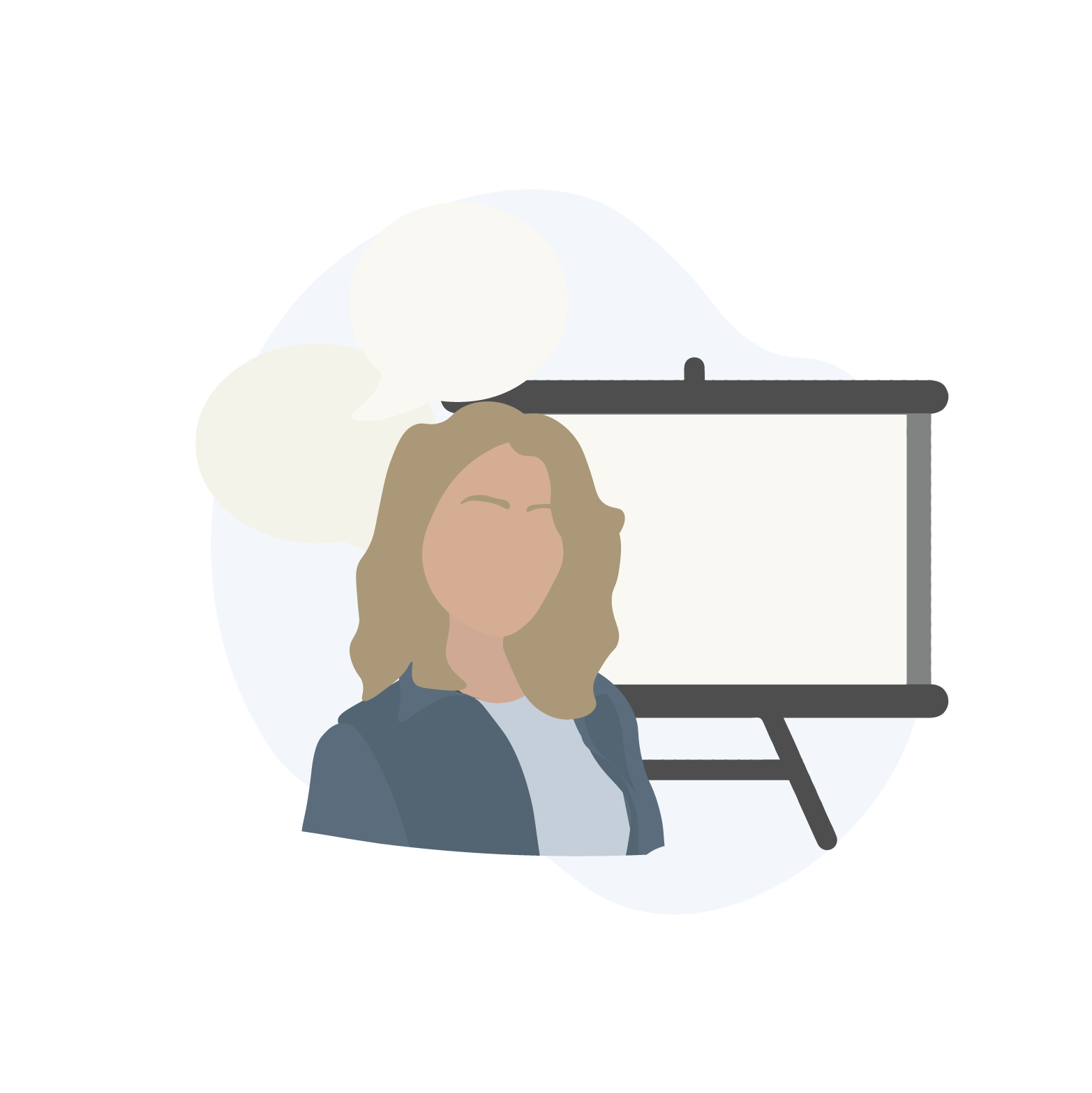 Person foran præsentation med talebobler