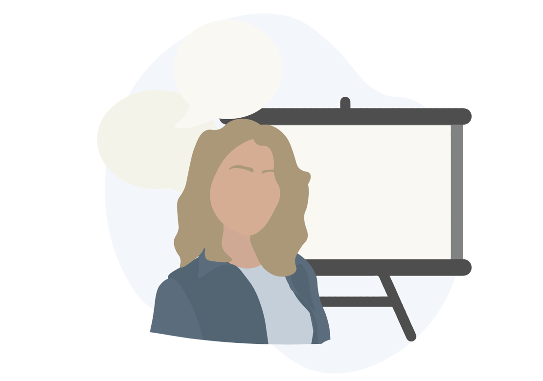 Person foran præsentation med talebobler