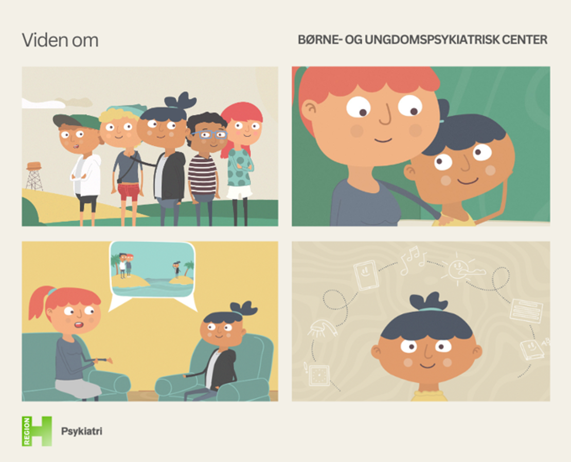 Illustration bestående af 4 tegneseriebilleder fra BUCs animationsfilm