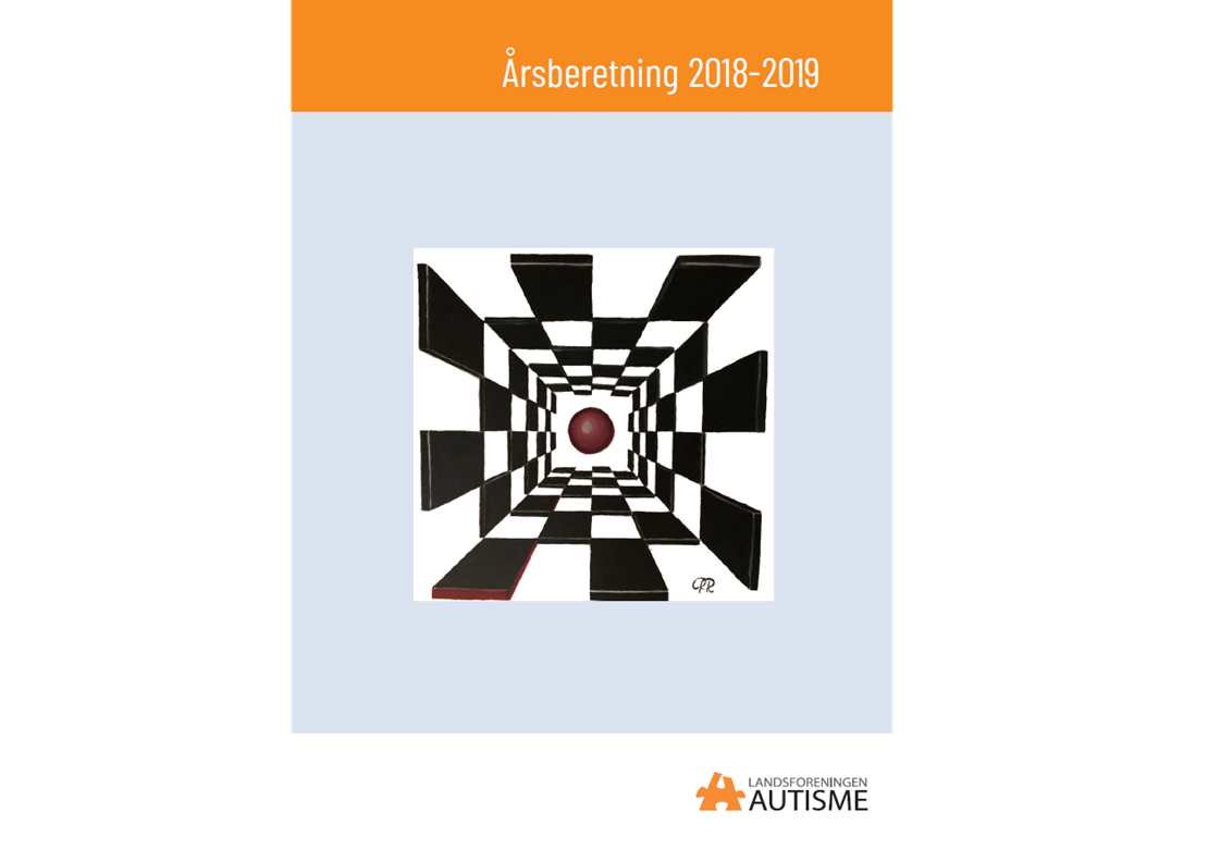 Forsiden af årsberetningen fra 2019 udgivet af Autismeforeningen. Optisk illusions billede på lyseblå baggrund