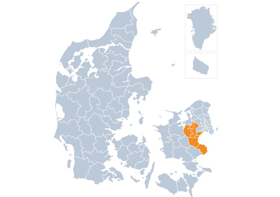 Danmarkskort med Kreds Midtsjællands geografiske dækningsområde markeret med orange.
