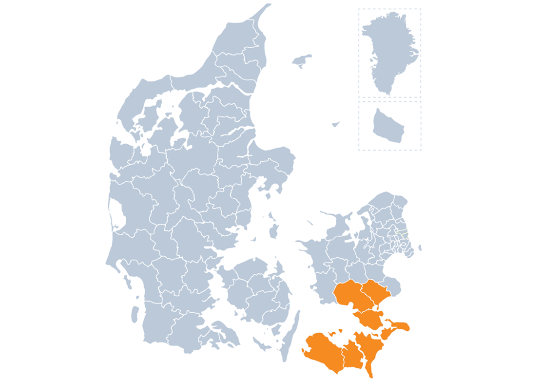 Danmarkskort med Kreds Storstrøms geografiske dækningsområde markeret med orange.