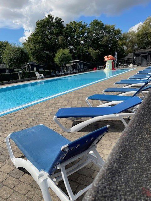 Udendørs poolområde med blå liggestole langs siden