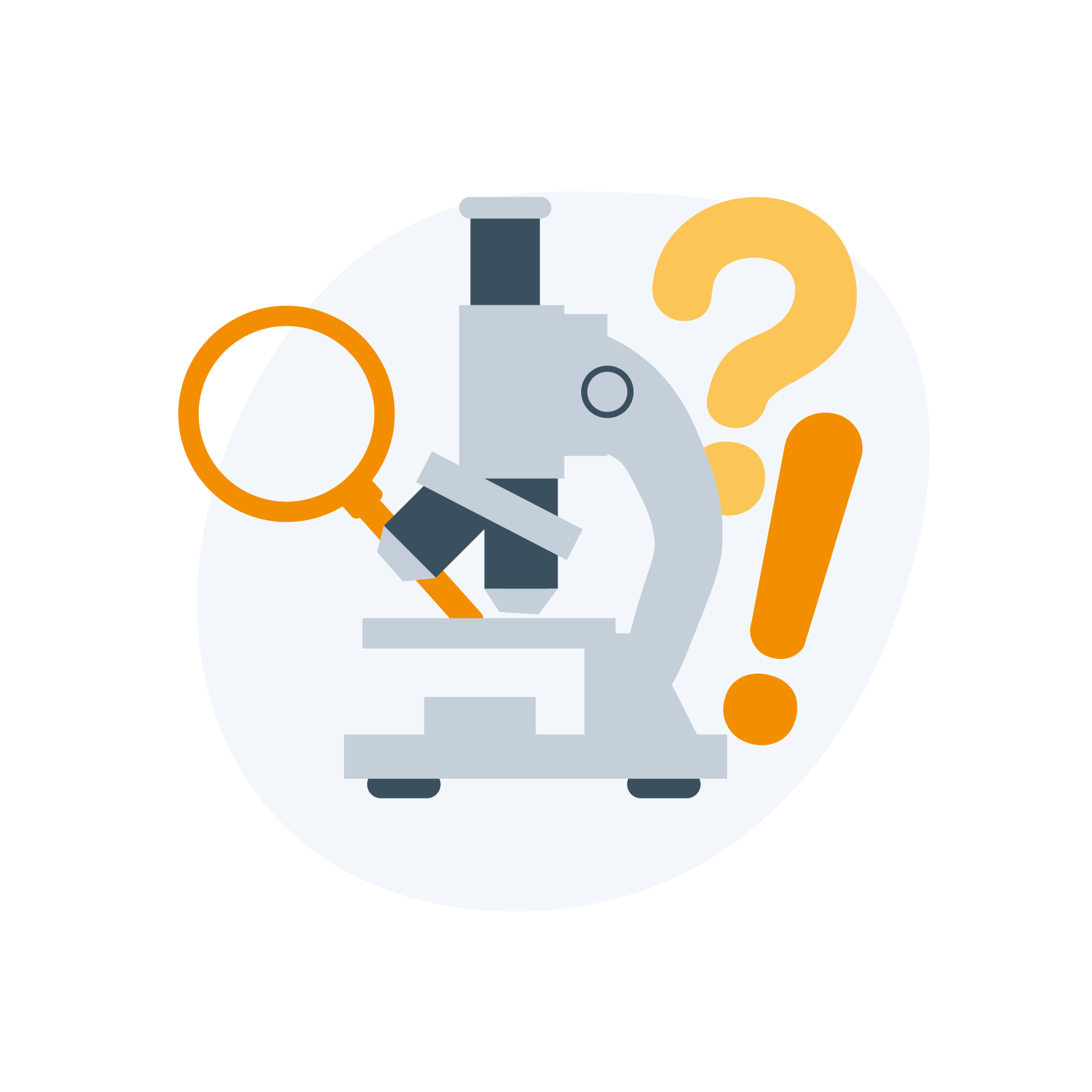 Et mikroskop med et forstørrelsesglas et spørgsmålstegn og et udråbstegn