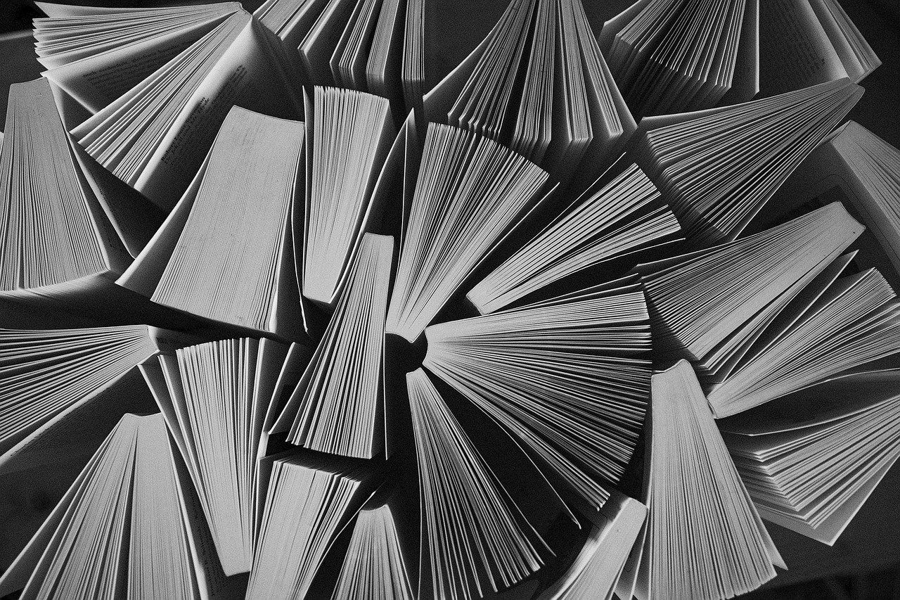 Mange bøger stående. Billedet er taget så vi ser bøgerne fra oven. Billedet er sort/hvid. 