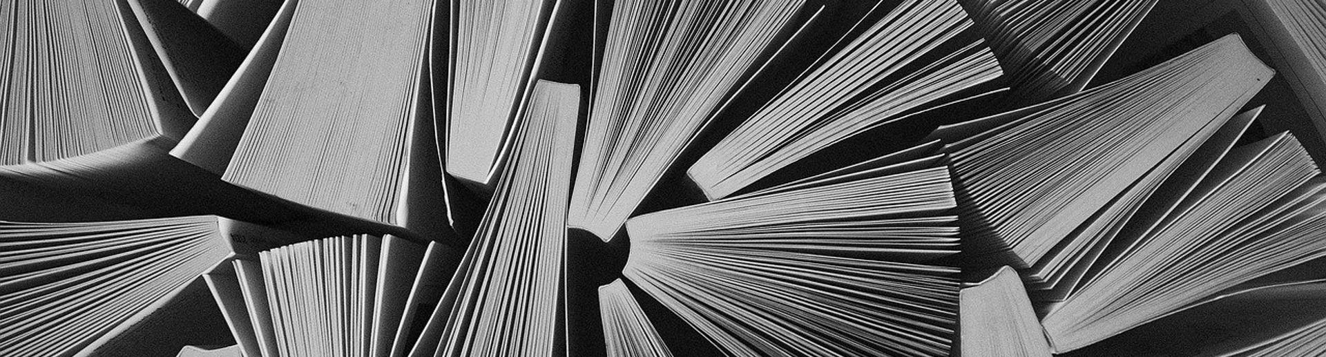 Mange bøger stående. Billedet er taget så vi ser bøgerne fra oven. Billedet er sort/hvid.