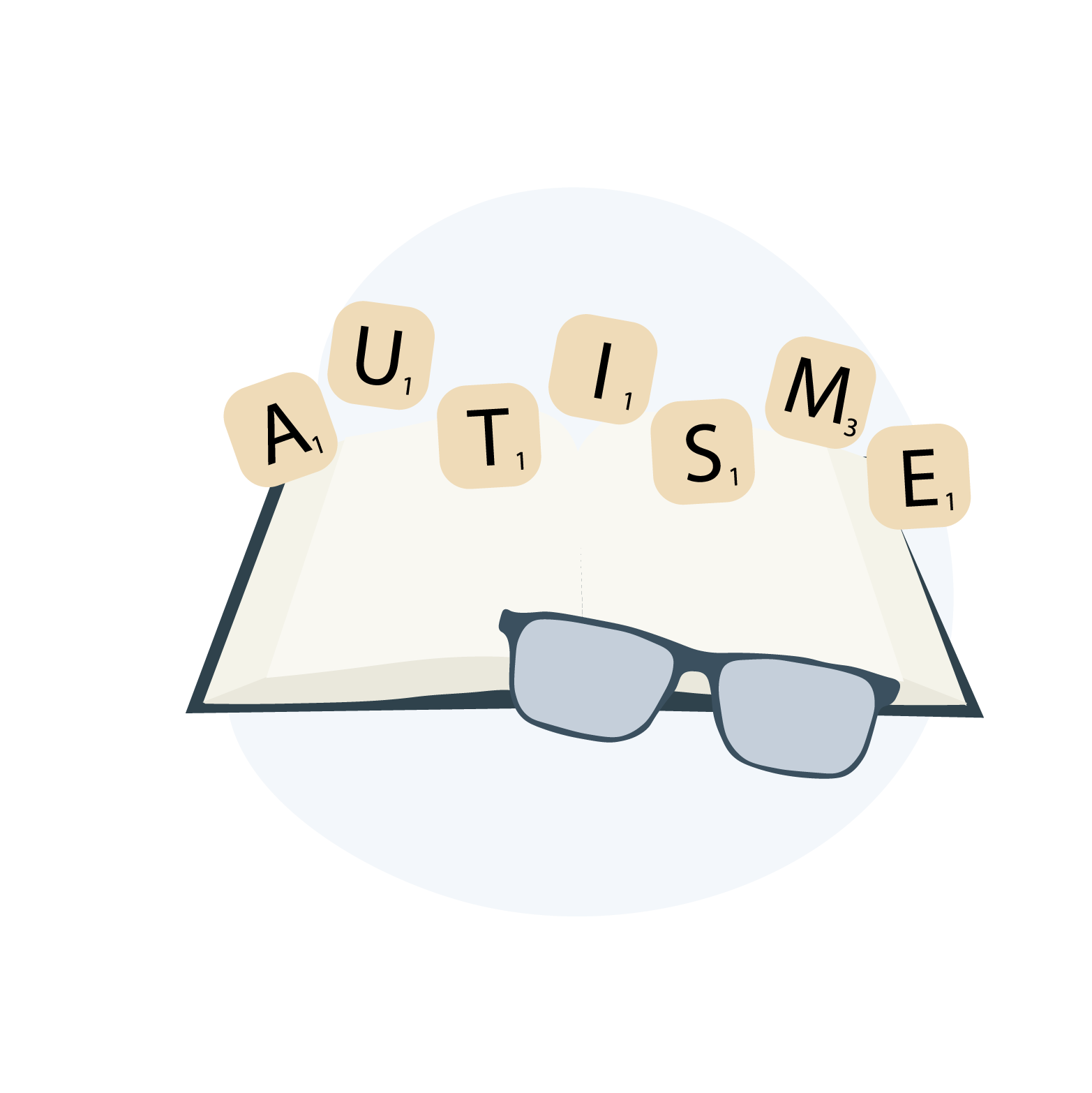 En bog med autisme stavet ovenover i brikker fra spillet scrabble, samt et par briller