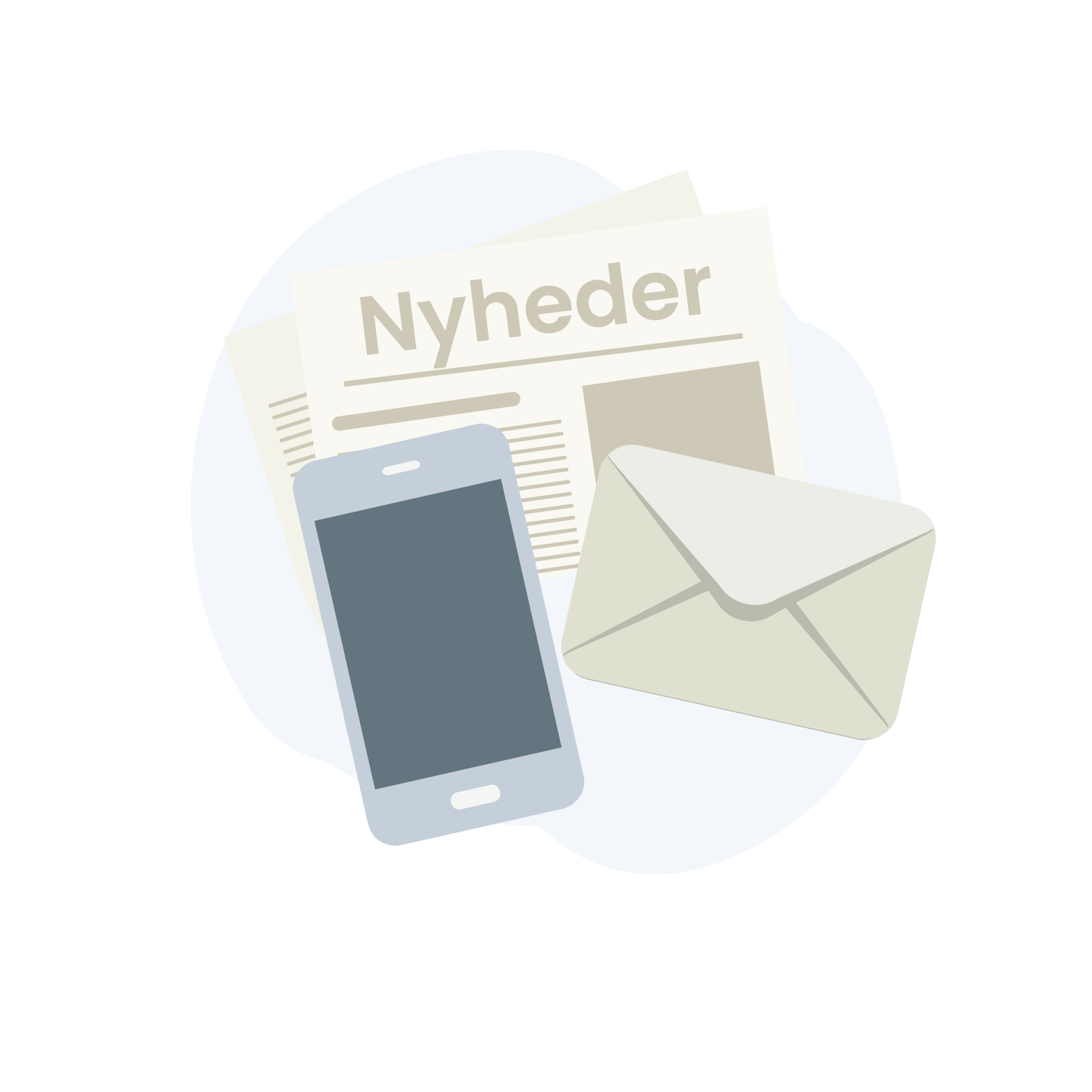 En Smartphone, et brev, et papirfly, og en lokationsprik