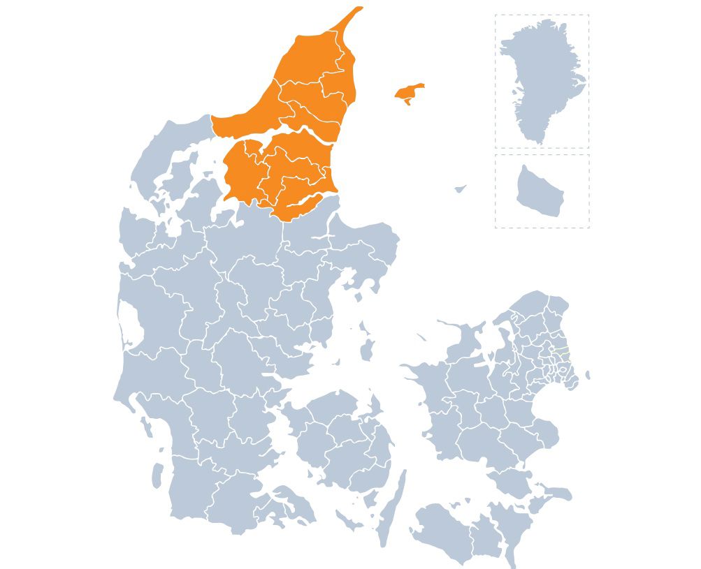 Danmarkskort med autismeforeningens kreds nordjyllands område markeret