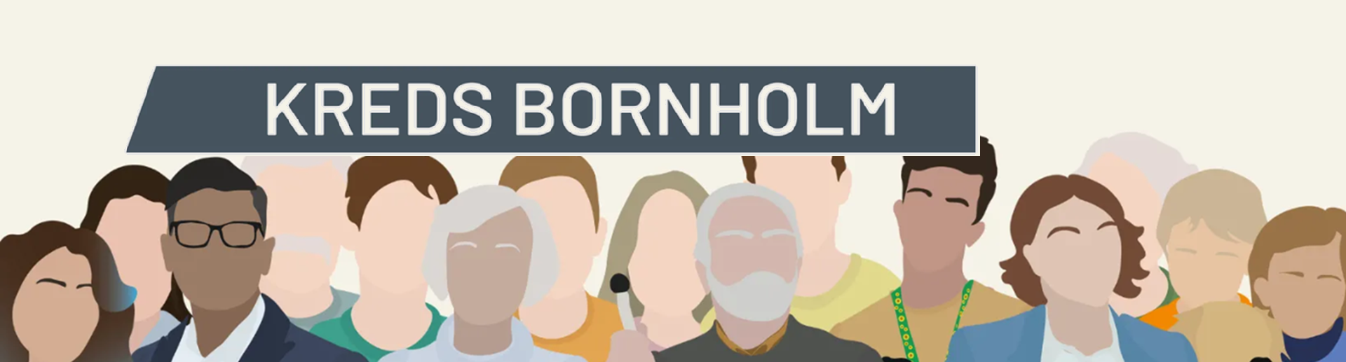 Illustration af mange mennesker. Ovenover teksten: Kreds Bornholm