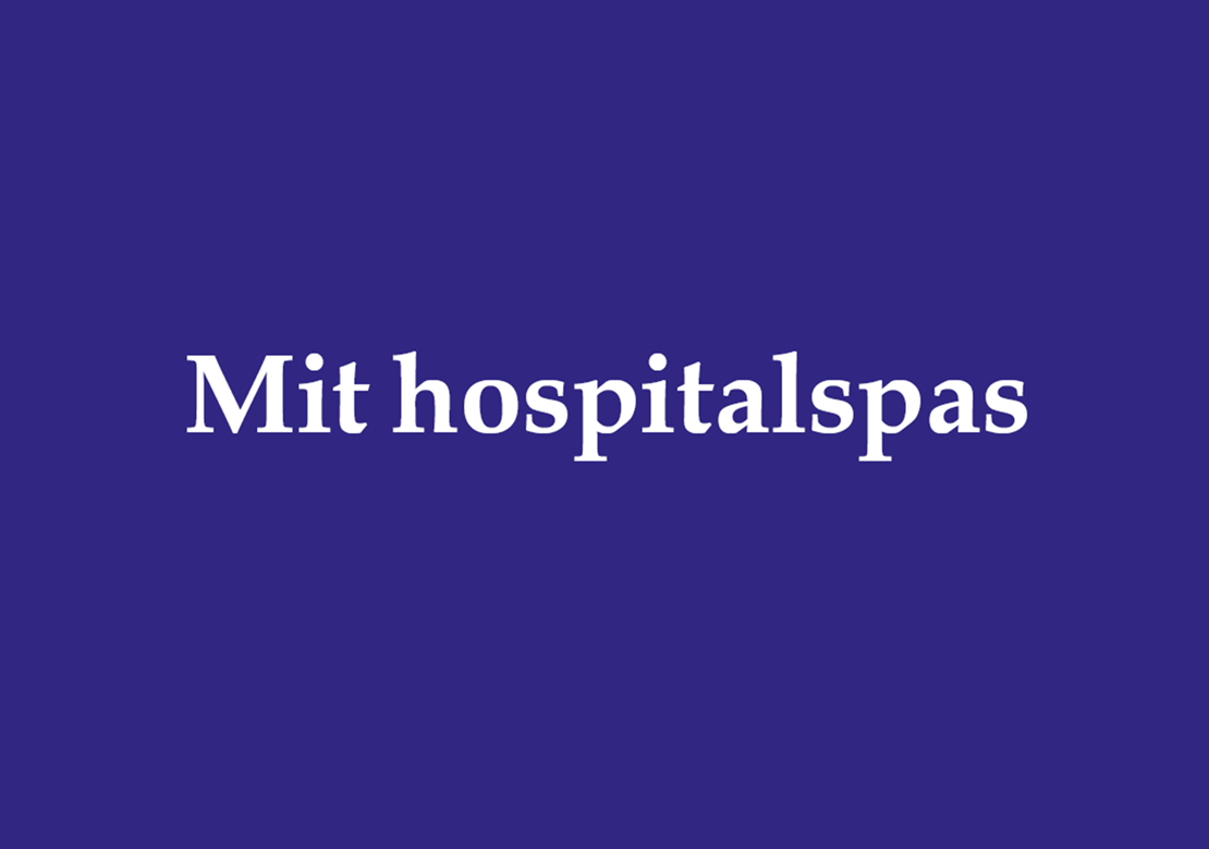Blå baggrund, hvid tekst: Mit Hospitalspas