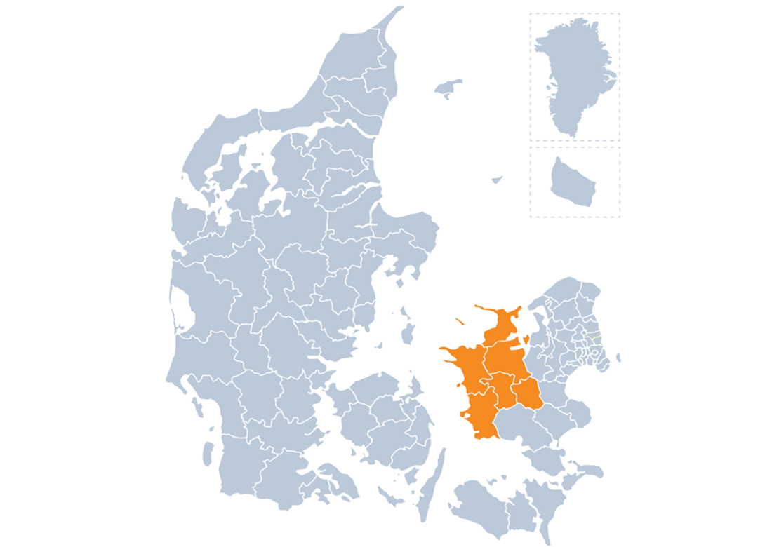 Danmarkskort med kreds Vestsjællands geografiske område markeret med orange