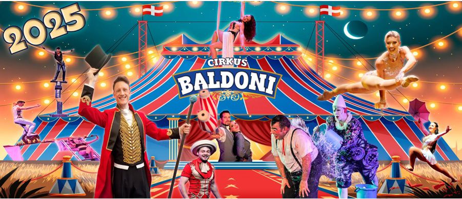 et collagebillede med et cirkustelt, tallet 2025, diverse artister og teksten Cirkus Baldoni