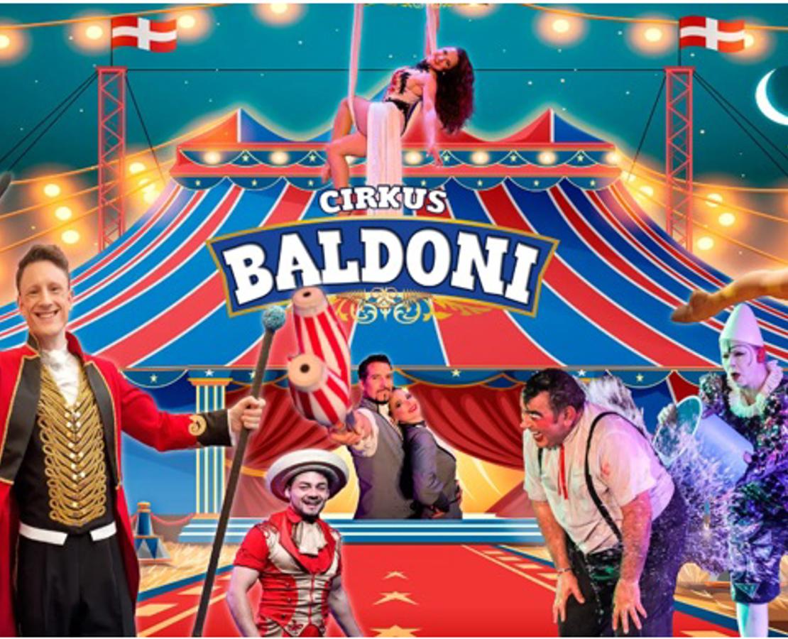 et collagebillede med et cirkustelt, tallet 2025, diverse artister og teksten Cirkus Baldoni