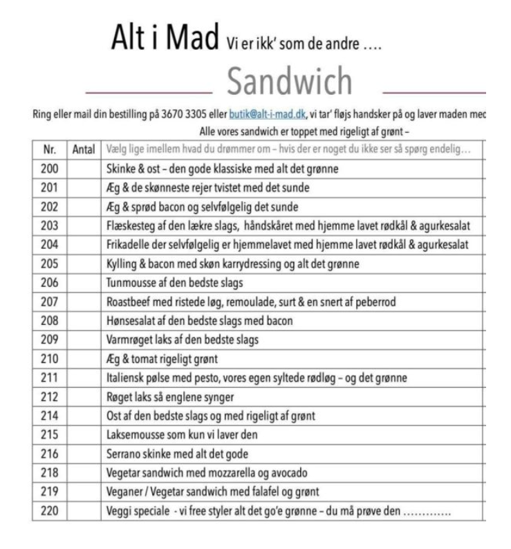 Menukort for Alt i Mads sandwiches