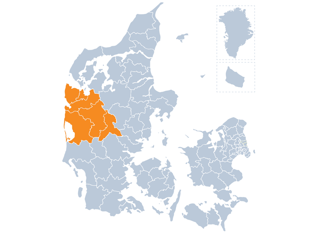 Danmarkskort med Kreds Midtvests geografiske dækningsområde markeret med orange.