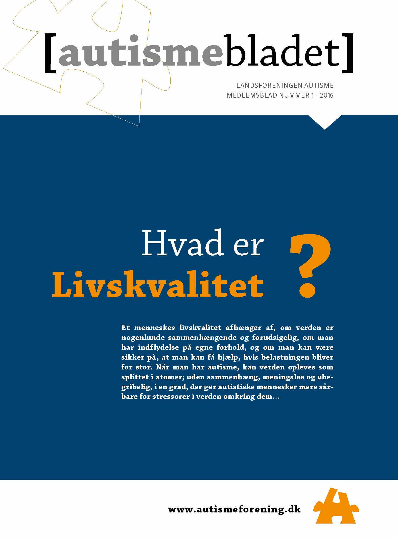 Forsiden af Autismebladet 2016 nummer 1 med temaet Hvad er livskvalitet?