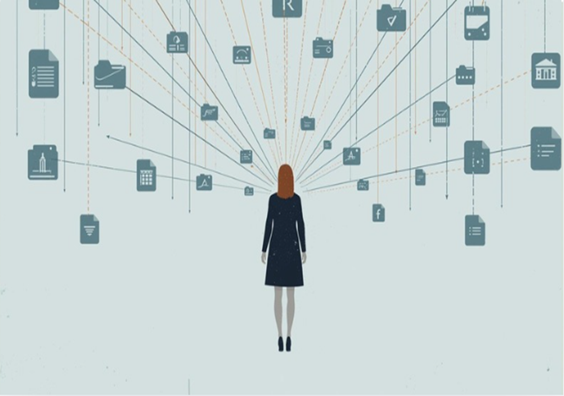 Illustration af en person set bagfra, stående stille, mens linjer og dokument‑symboler fra forskellige systemdele passerer gennem personens krop i stedet for at forbinde sig direkte.