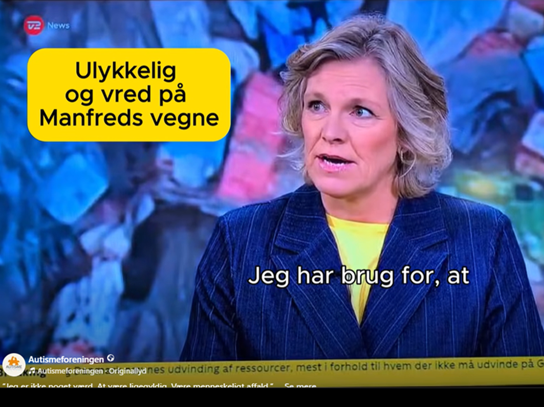 Billede taget af skærm, der viser Autismeforeningens formand Karina Bundgaard til interview i TV2 News studiet