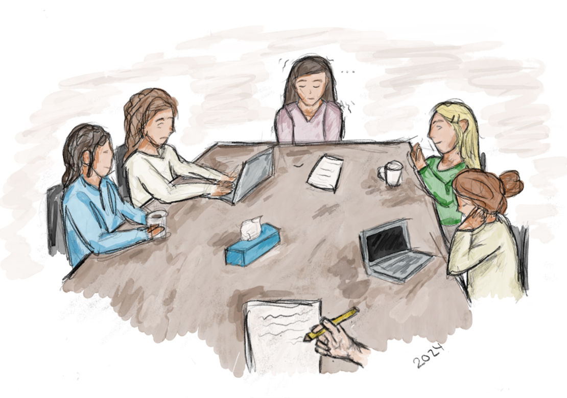 Grafisk illustration af 5 mennesker, der sidder til møde omkring et bord. En sjette person skriver noter. Personen modsat noteskriveren ryster og kigger ned, tydeligt utryg ved situationen