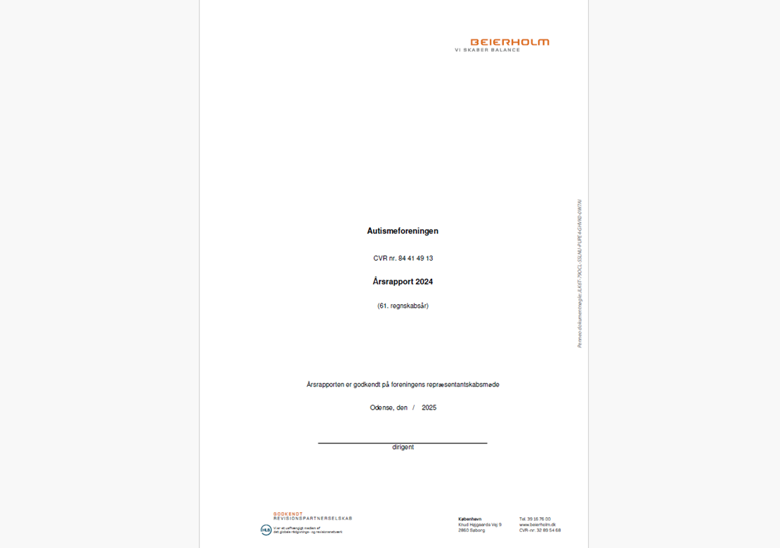 Forside af rapport. Hvid baggrund med tekst. Øverst højre hjørne: "Beierholm. vi skaber balance"
Midt: Autismeforeningen. Årsrapport 2024