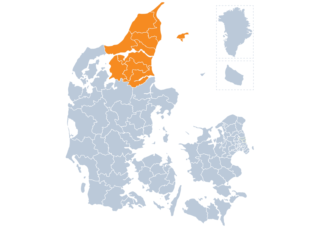 Danmarkskort med kreds Nordjyllands geografiske område markeret med orange