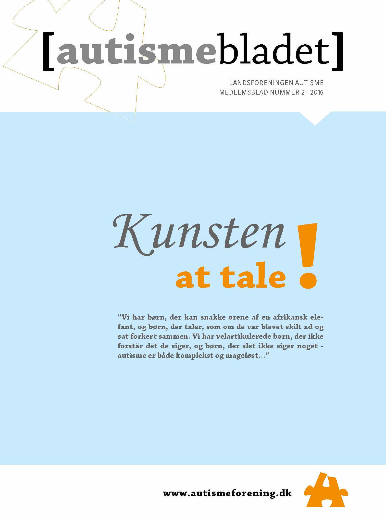 Forside af Autismebladet 2016 nr. 2 med temaet Kunsten at tale