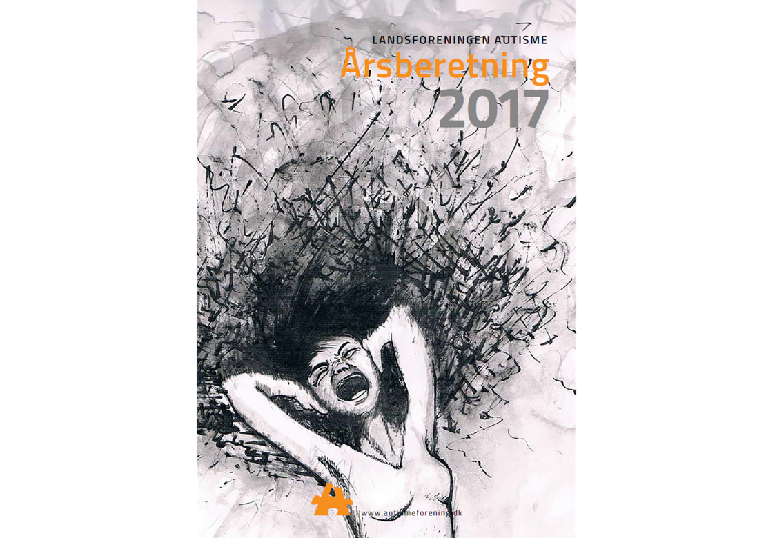Forsiden af årsberetningen fra 2017 udgivet af Autismeforeningen. Tegnet kvinde, der tager sig til hovedet og skriger