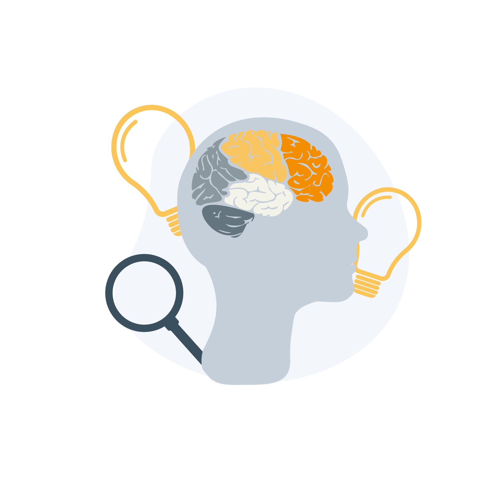 En hjerne med flere farver to lyspærer og et forstørrelsesglas