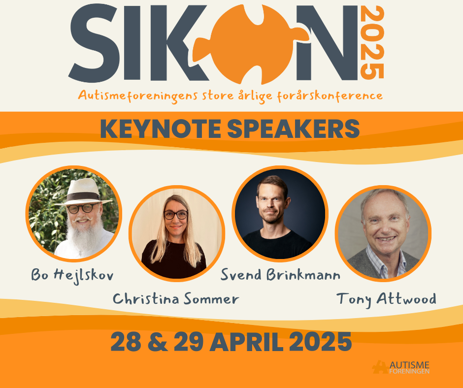 Illustration af keynote speakers på SIKON 2025: Bo Hejlskov, Christina Sommer, Svend Brinkmann og Tony Attwood