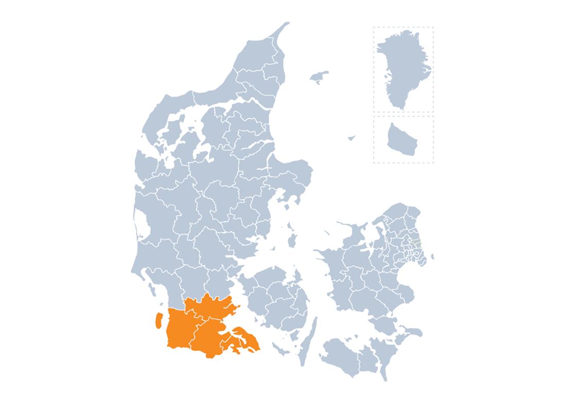 Danmarkskort med Kreds Sønderjyllands geografiske dækningsområde markeret med orange.