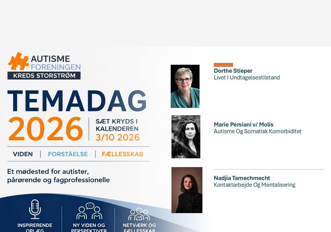 Reklamebillede for temadagen. Hvid baggrund. Tekst: Temadag 2026. Sæt kryds i kalenderen etc