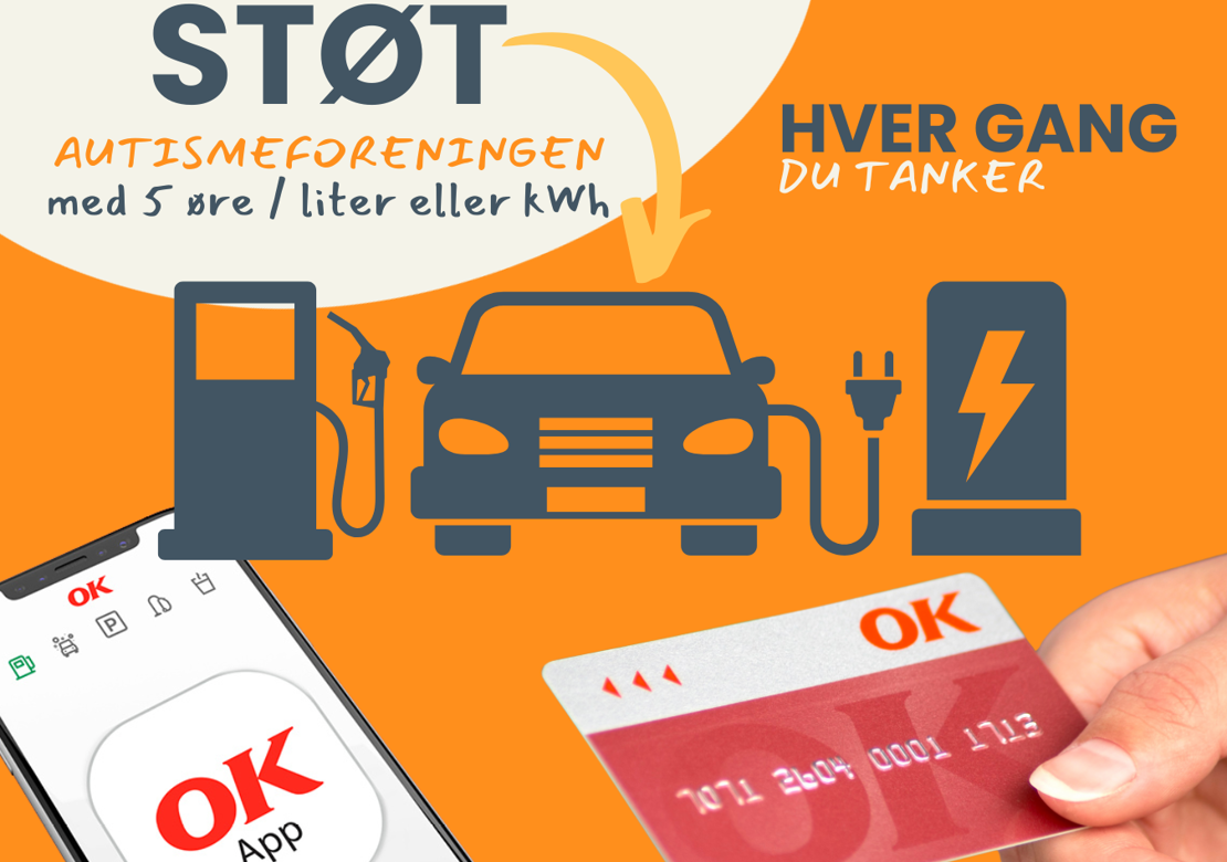 Grafik: Bil der tankes med både el og brændstof. Tekst: Støt Autismeforeningen hver gang du tanker. OK logo.