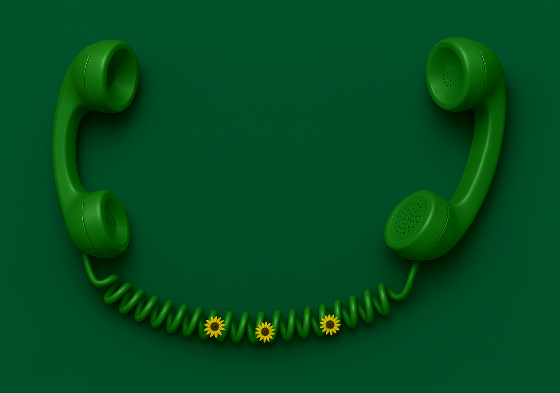 Grøn baggrund og to grønne retro telefonrør forbundet af spiraltelefonledning med 3 solsikker på.