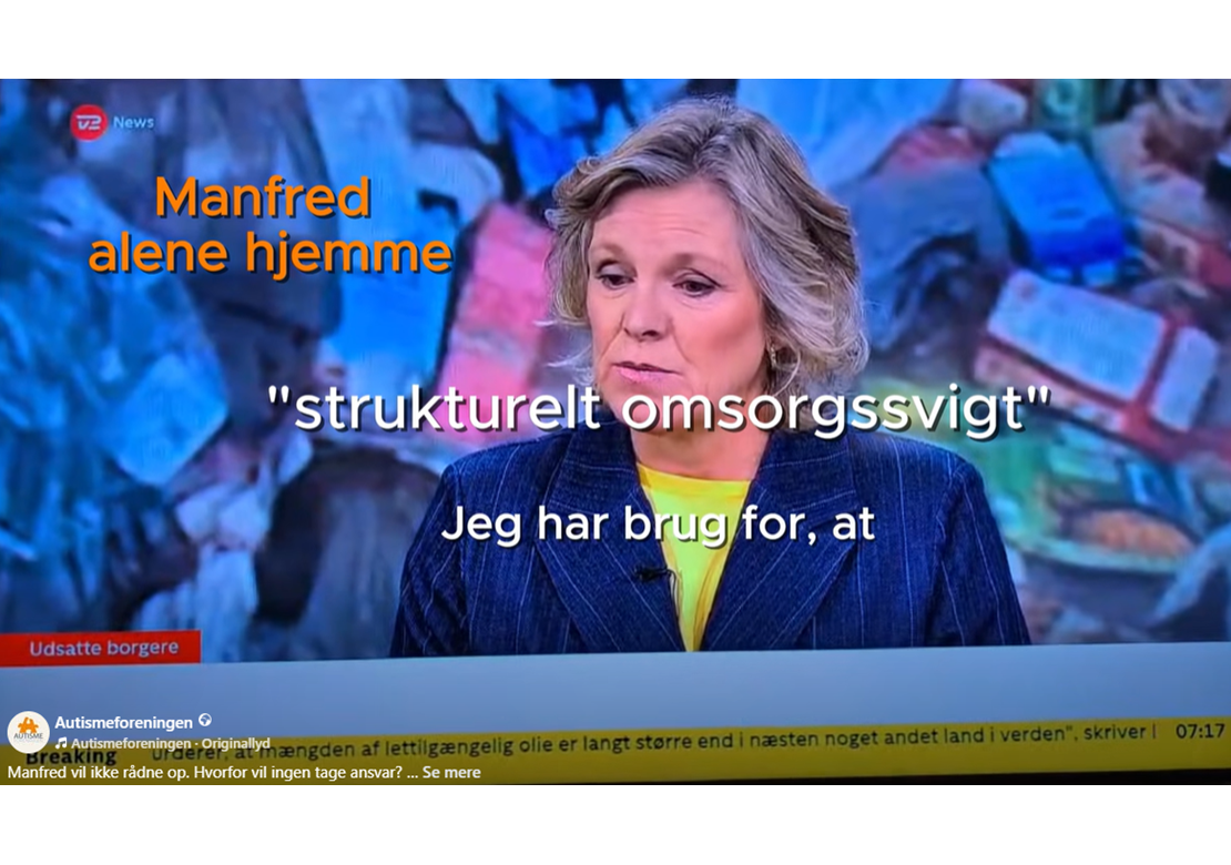 Billede taget af skærm, der viser Autismeforeningens formand Karina Bundgaard til interview i TV2 News studiet