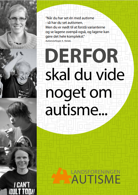 Forsidebillede på pjecen: derfor skal du vide noget om autisme. Grøn side med portrætfoto af fire personer
