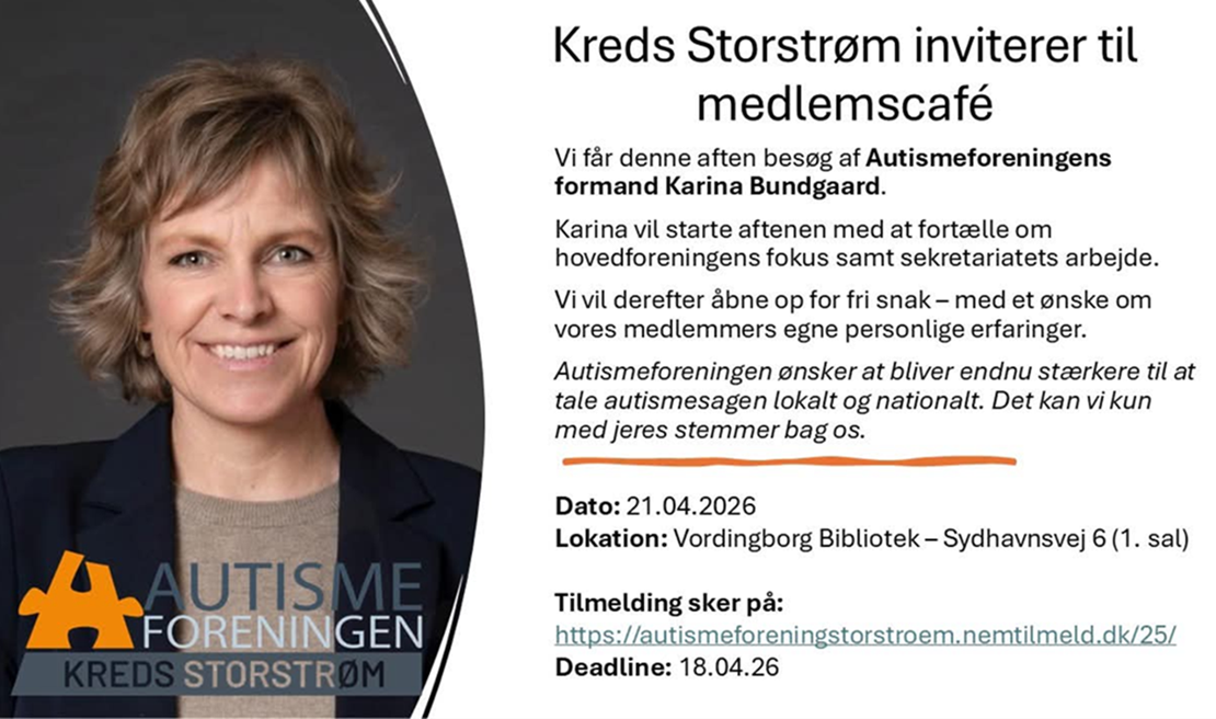 Invitation til medlemscafe. Billede af Karina Bundgaard i venstre side og invitation i tekst i venstre side