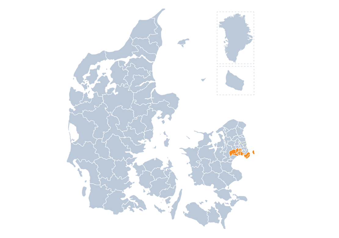 Danmarkskort med Kreds Vestegnens geografiske dækningsområde markeret med orange.
