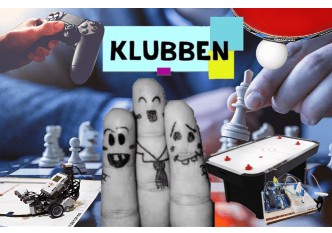 En kollage med skakbrikker, fingre malet som ansigter, en playstation controller og meget andet