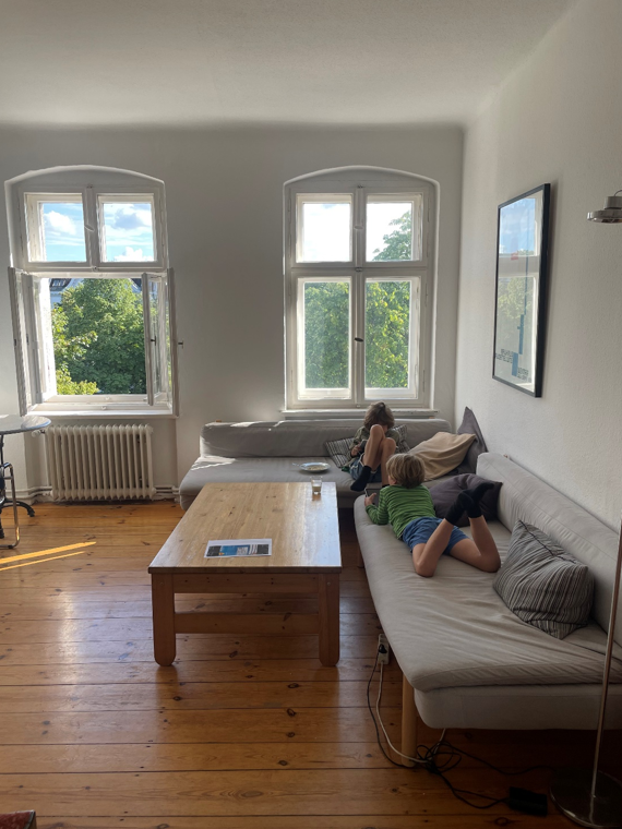 To drenge kobler af med skærm i stor sofa i lys lejlighed. Den ene sidder, den anden ligger på maven.