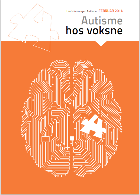Forside på pjecen: Autisme hos voksne. En hjerne tegnet som et elektrisk kredsløb - med hvide streger på orange baggrund.