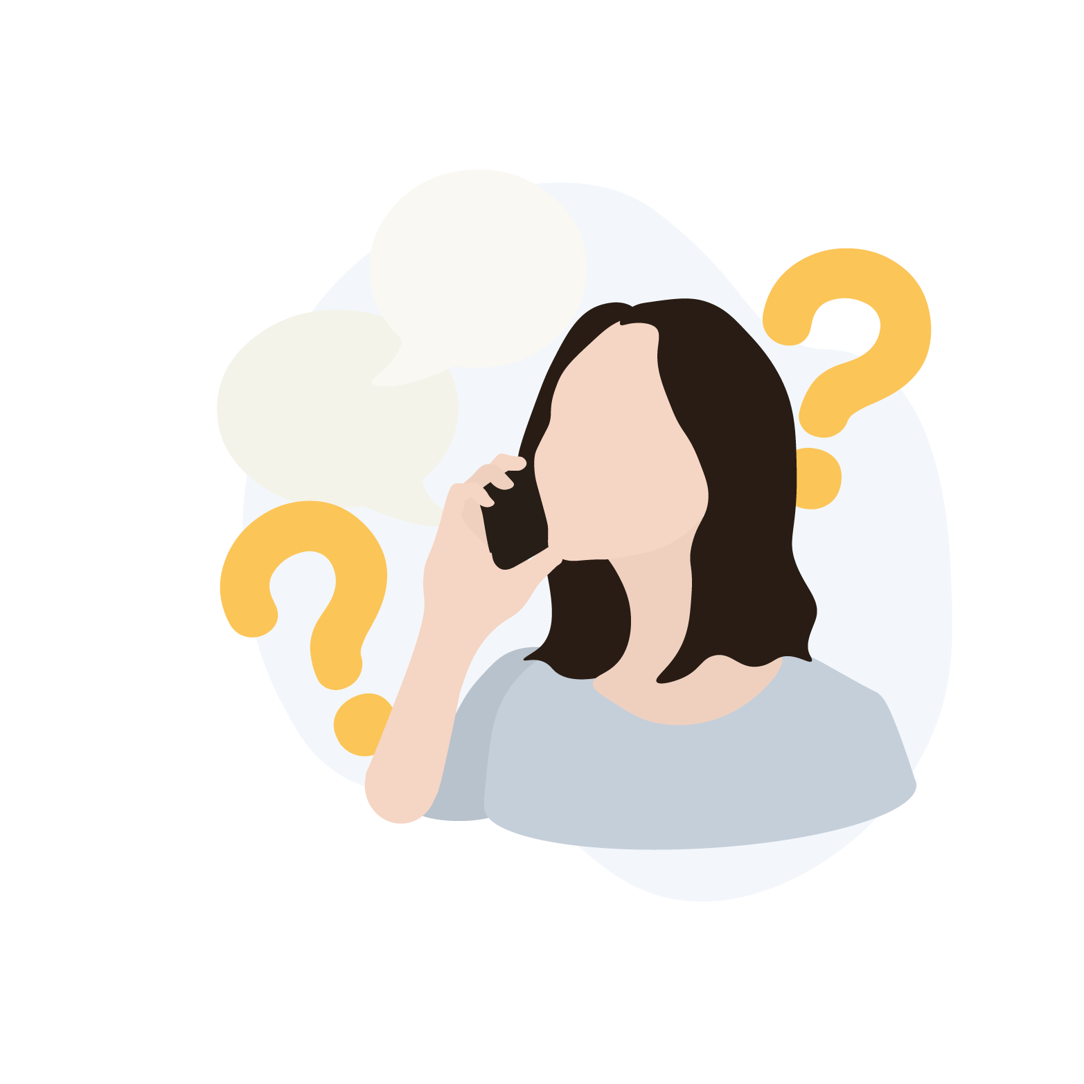 En kvinde taler i telefon med spørgsmålstegn og talebobler