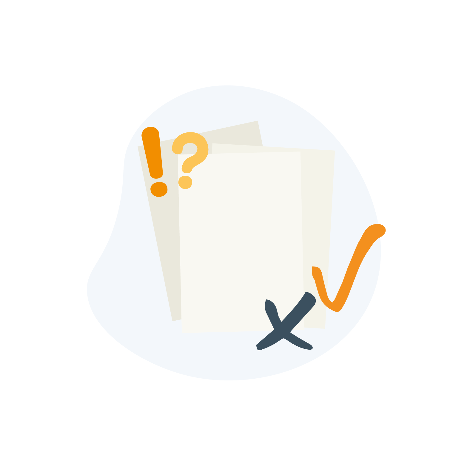 Papir med udråbstegn, spørgsmålstegn, flueben og kryds