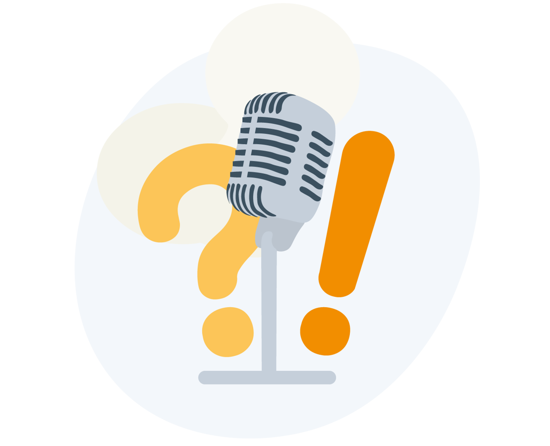 Podcast mikrofon med udråbstegn og spørgsmålstegn